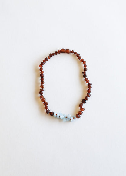 Raw Cognac Baltic Amber + Raw Aquamarine || Necklace