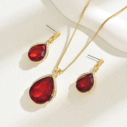 Ins Sweet Japanese Korean Women Jewelry Set, Niche Water Drop Dangle Earrings & Clavicle Chain, Geometric Design Inlaid Clear Synthetic Crystals