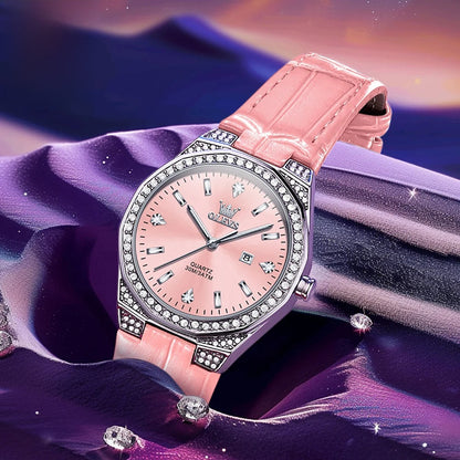 Women's Leather Strap Crystal Bezel Watch Rose Gold Luxury