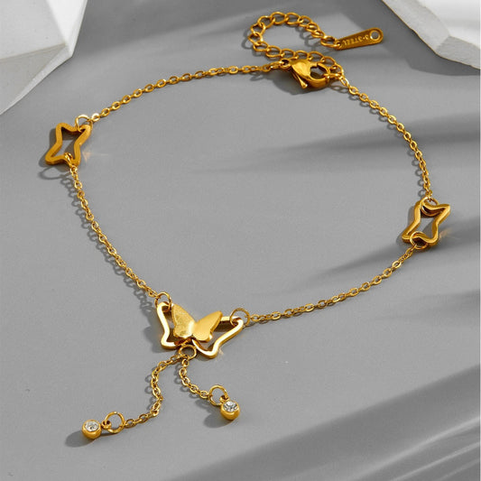 Rose Gold Trendy Titanium Steel Butterfly Tassel Bare Anklet