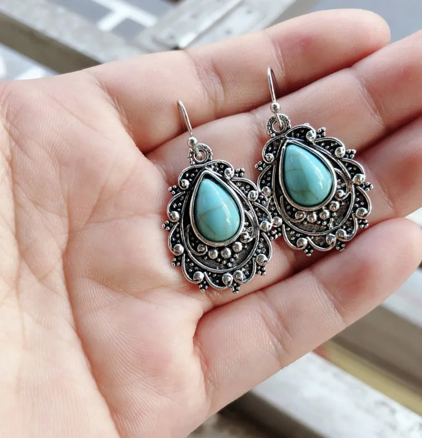 Turquoise Alloy Teardrop Dangle Earrings Bumpkin Ranchwear