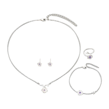 Ins Gentle Japanese Korean Style Women Jewelry Set, Cubic Zirconia Inlaid Cherry Blossom Design Long Necklace Ring Earrings Matching Accessories