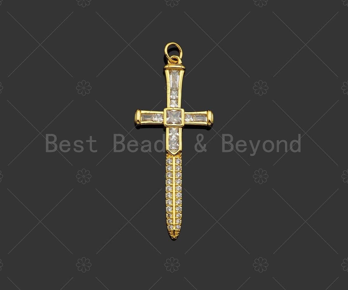 Gold Filled CZ Micro Pave Cross Sword Shape Pendan,18K Gold Filled Cross Charm, Necklace Bracelet Charm Pendant,18x43mm,Sku#Y460