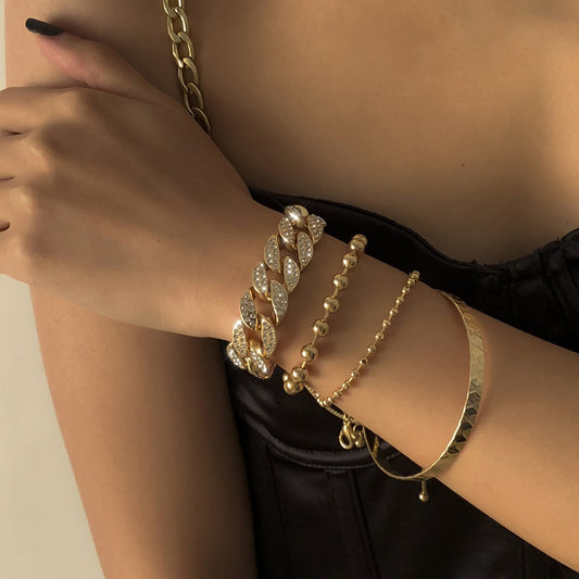 Diamond-studded Cuban Buckle Bracelet Hip-hop Personalized Round Bead Chain Pattern Bracelet Set