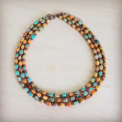 Triple Strand Layered Boho Sunrise Regalite Necklace 264o