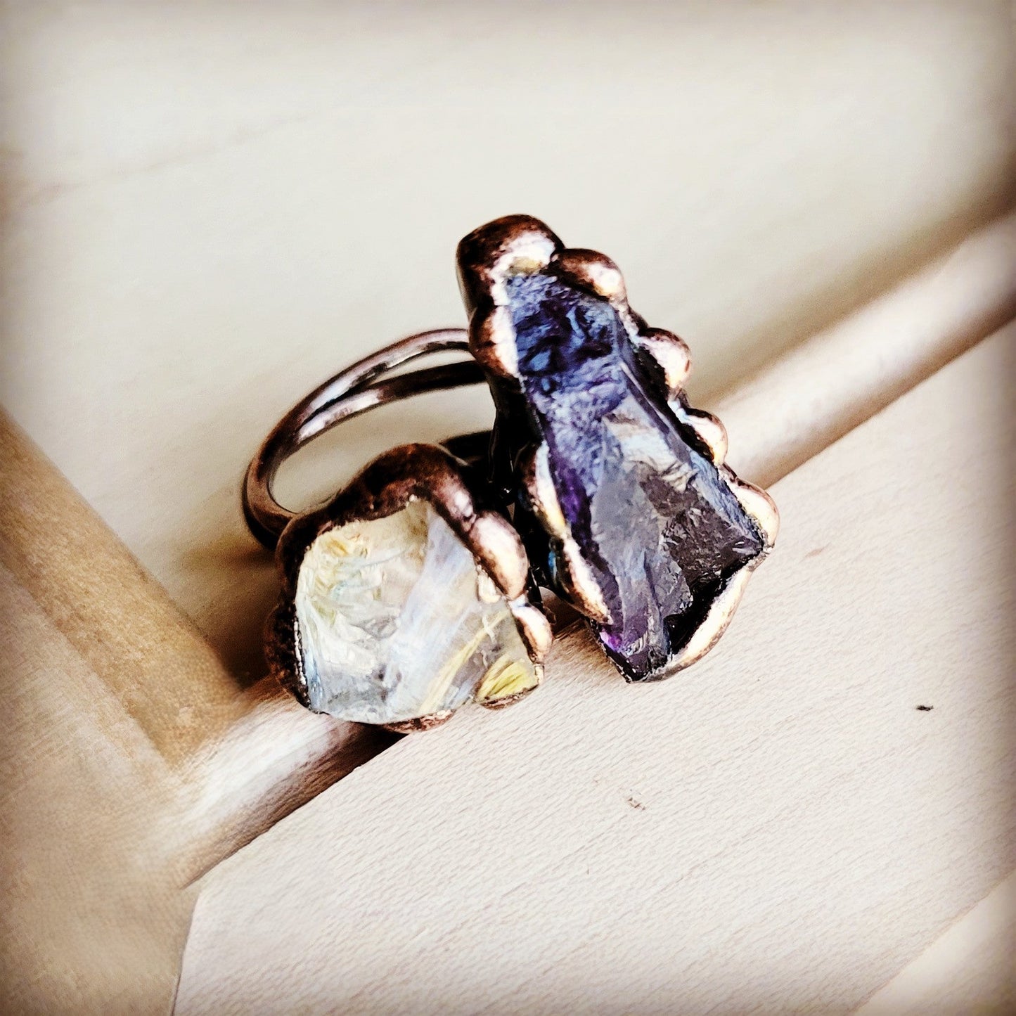 Genuine Amethyst and Quartz Ring in a Copper Setting 012a
