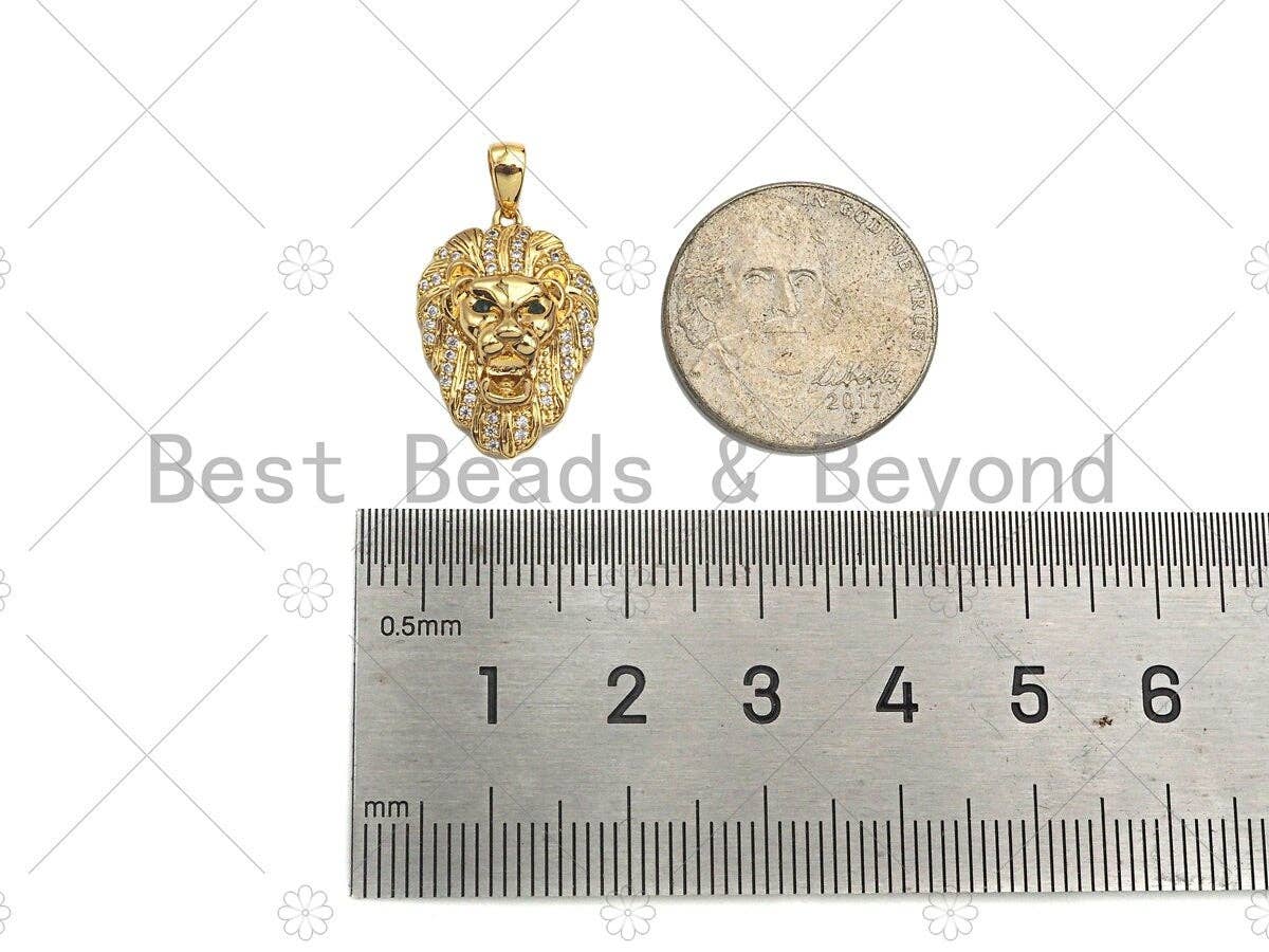 Gold Filled CZ Micro Pave  Lion Head with Green Eye Pendant, 18K Gold Filled Lion Head Charm, Necklace Bracelet Pendant, 14x20mm, Sku#Y443