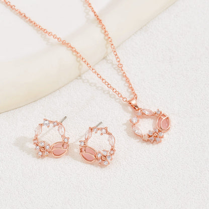 Korean SoftSweet Jewelry Set, Minimal Cubic Zirconia Inlaid Stud Earrings & Niche Design Clavicle Necklace For Women