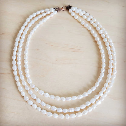 Genuine Freshwater Pearl Triple Strand Layered Boho Necklace 263r