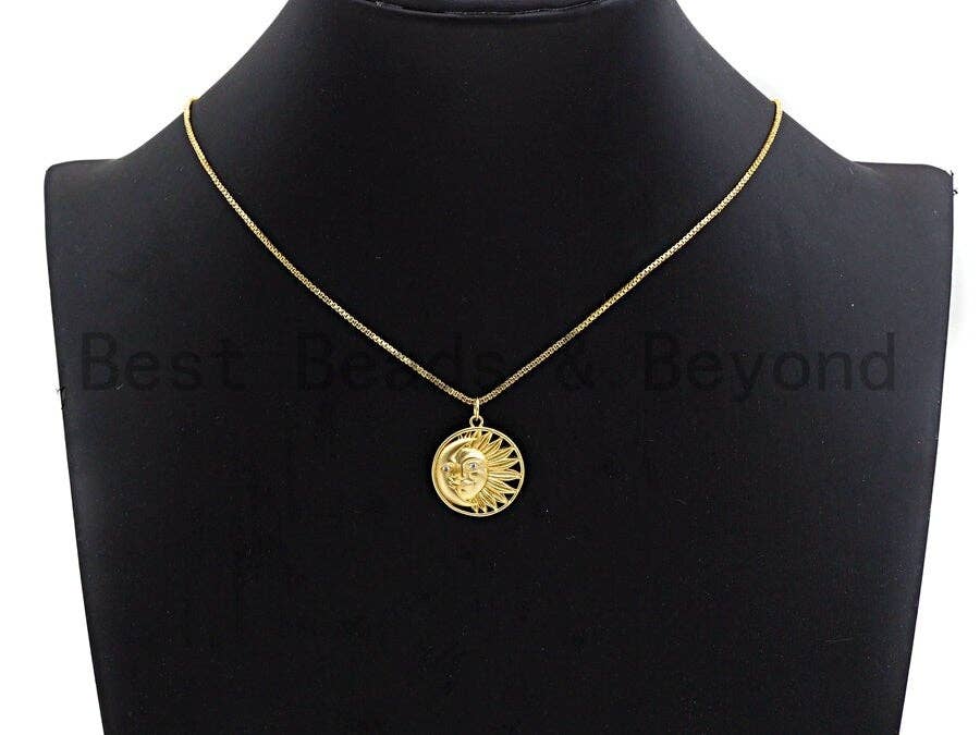 CZ Micro Pave Round With Moon And Sun Pendant/Charm, Indian Pattern Cubic Zirconia Pendant, Silver/Gold Tone,20x22mm,Sku#Y206