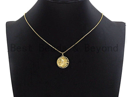 CZ Micro Pave Round With Moon And Sun Pendant/Charm, Indian Pattern Cubic Zirconia Pendant, Silver/Gold Tone,20x22mm,Sku#Y206