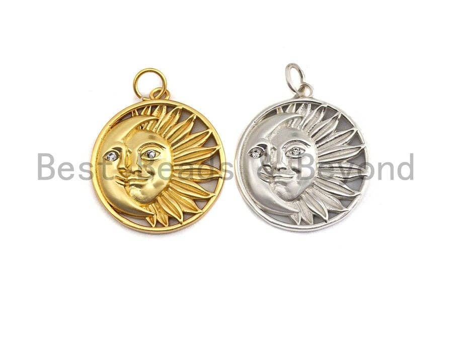 CZ Micro Pave Round With Moon And Sun Pendant/Charm, Indian Pattern Cubic Zirconia Pendant, Silver/Gold Tone,20x22mm,Sku#Y206