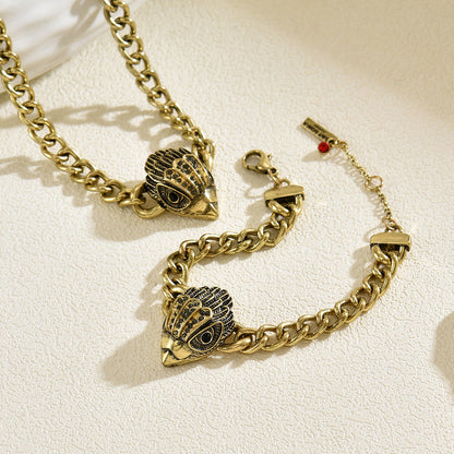 Vintage European American Women Jewelry Set, Eagle Head Inlaid Cubic Zirconia Necklace & Bracelet, Trendy High-end Matching Accessories