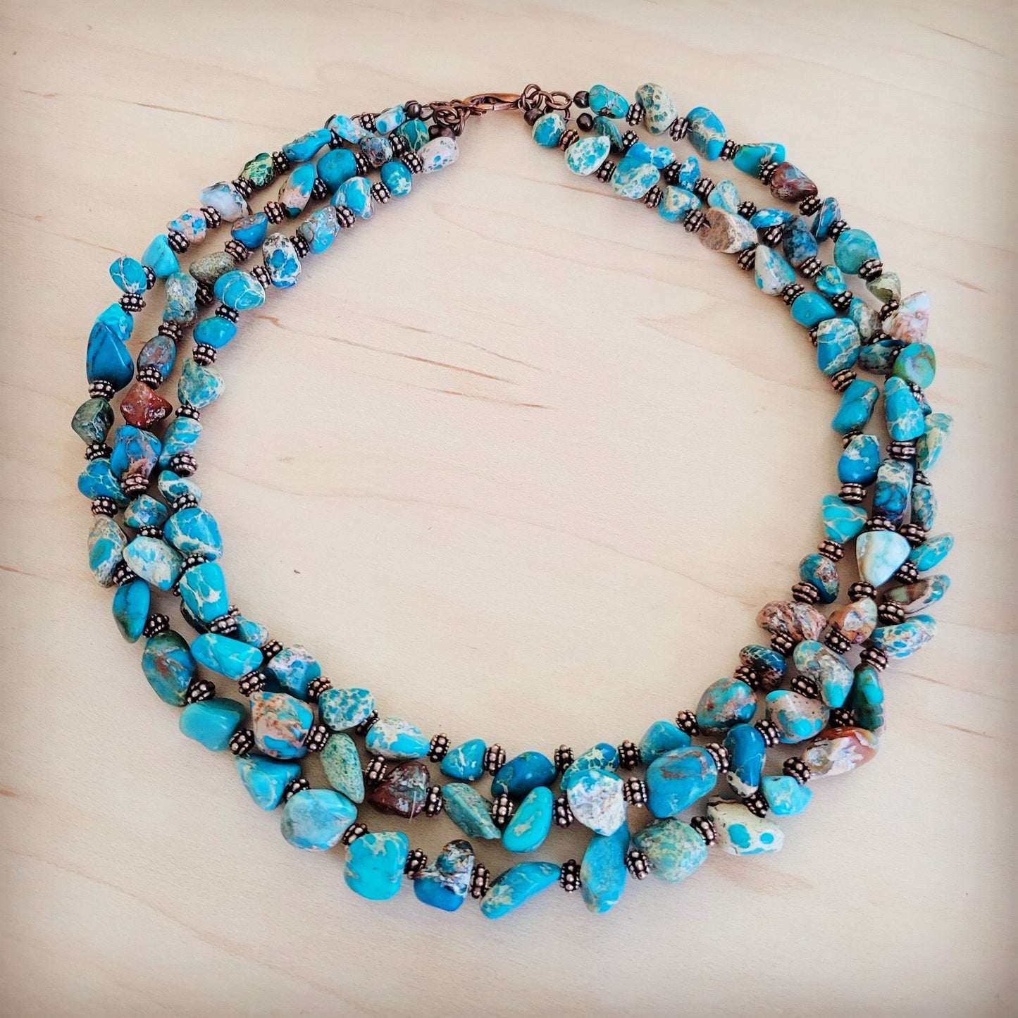 Triple Strand Genuine Regalite Beaded Collar Necklace with copper 263n