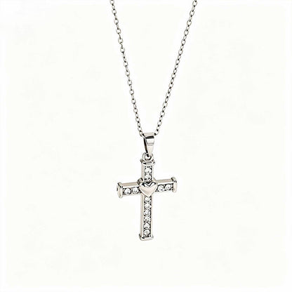 Stainless Steel Inlaid Rhinestone Heart-shaped Cross Pendant Necklace