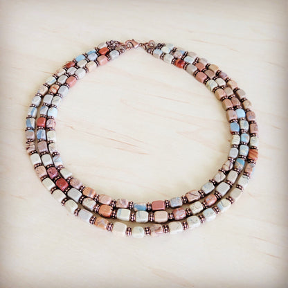 Triple Strand Layered Boho Aqua Terra & Copper Necklace 264m
