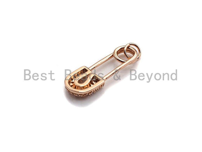 CZ Micro Pave Safety Pin Pendant, Cubic Zirconia Pendant Charm, Gold/Silver/Black, 8x25mm, SKU#Y239