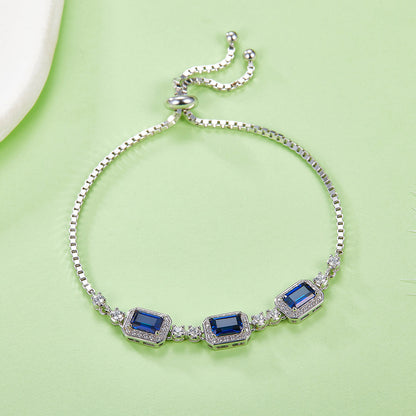 S925 Sterling Silver Adjustable Bolo Bracelet, 6x4mm 3-Stone Lab-Grown Emerald Sapphire Halo, 21cm Platinum Plated 6.2g Women's Jewelry Gift Box