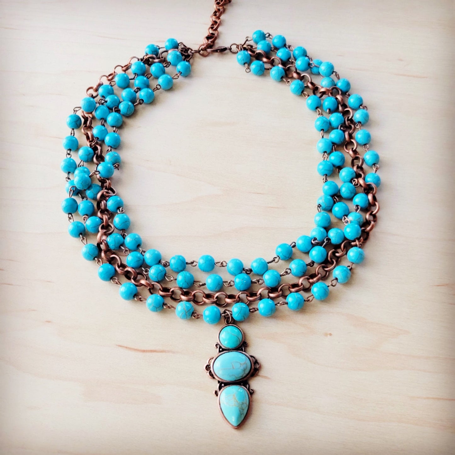 Triple Strand Turquoise & Copper Collar Necklace w/ Droplet Pendant 257lm