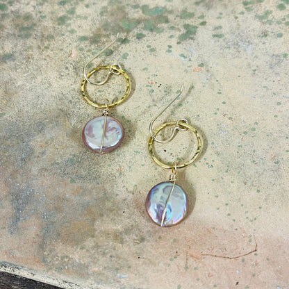 14k gold filled or sterling silver LAVENDER ORCHID COIN PEARL EARRINGS