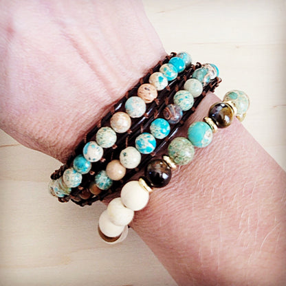 Genuine Jasper Beaded Leather Double Wrap Bracelet 811s