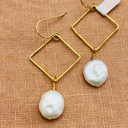 14k gold filled DIAMOND DANGLE COIN PEARL DIAMOND EARRINGS