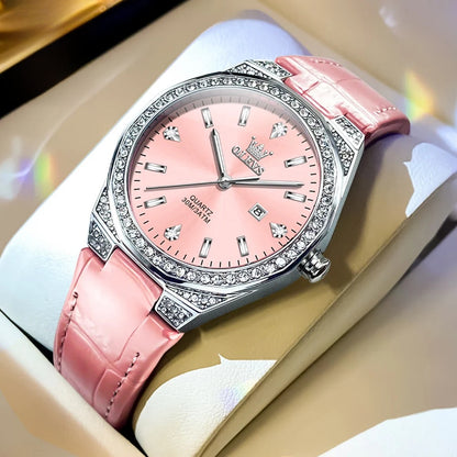 Women's Leather Strap Crystal Bezel Watch Rose Gold Luxury