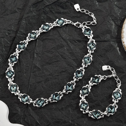 Grey Oval Cubic Zirconia Matching Jewelry Set For Women, Silver Choker Necklace & Bracelet 2Pcs Elegant Wedding Party Fashion Jewelry