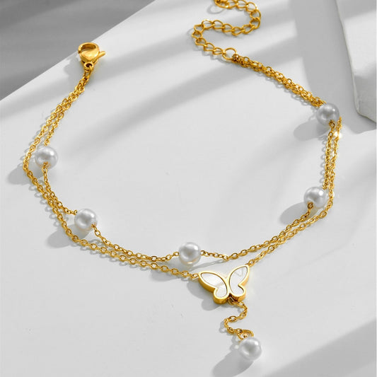 18K Gold Light Luxury Multi-layer Stacked Pearl Butterfly Tassel Anklet