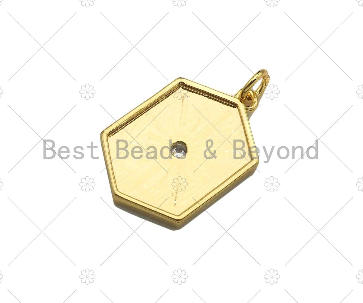 CZ Micro Pave Radial Star On Hexagon Shape Pendant, 18K Gold Medallion Charm, Necklace Bracelet Charm Pendant, 23x15mm,Sku#Y435