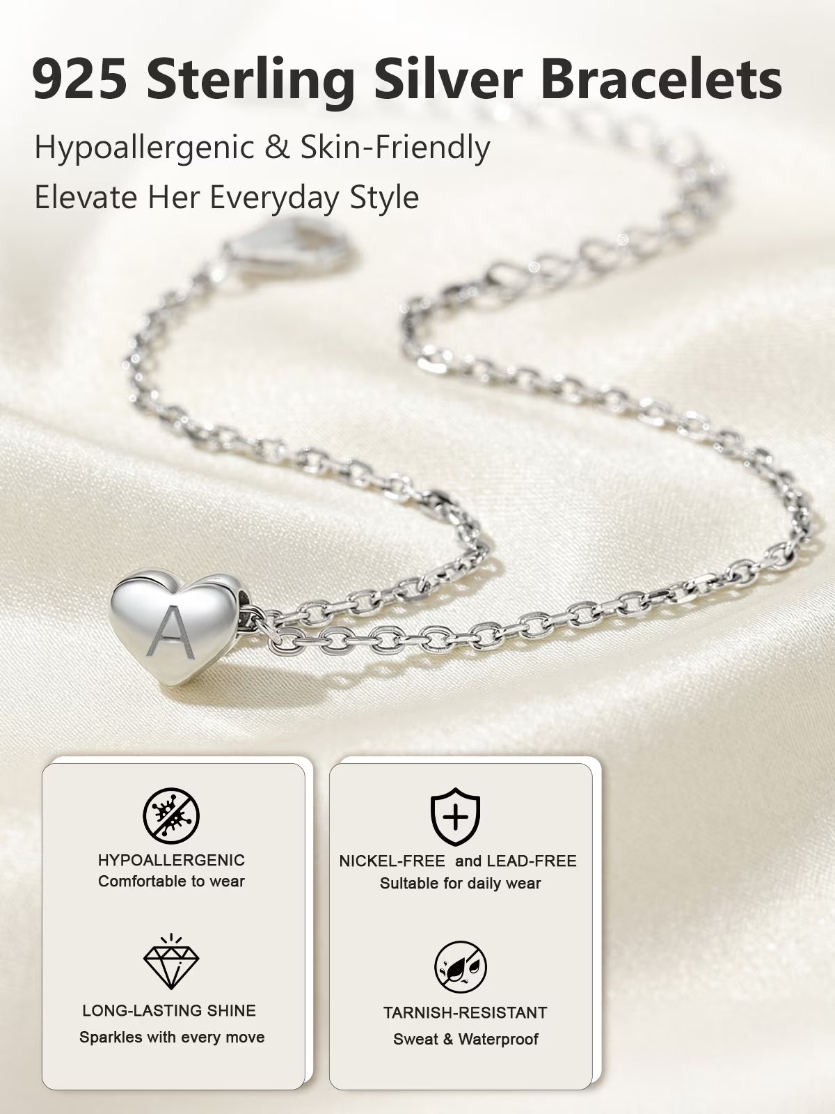 Initial Heart Bracelet for Women 925 Sterling Silver Chain Bracelets Charms Bracelets Birthday Anniversary Jewelry Gift for Daughter Girlfriend - Letter A