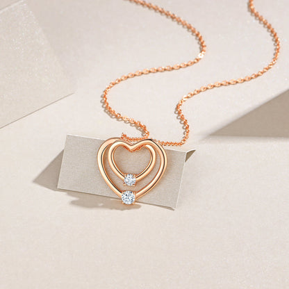 S925 Sterling Silver Rose Gold Double Heart Necklace, D-VVS1 Moissanite Pendant, 40&455cm Adjustable Chain, Women's Jewelry Gift Box With GRA Certificate