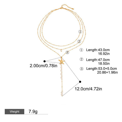 18K gold multi-layer chain with starfish and pearl tassel design exquisite and noble necklace