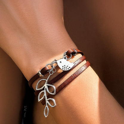 Ethnic style hand-woven gravel retro flying bird multi-layer winding leaf bracelet