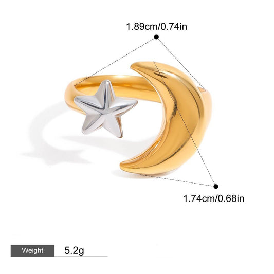 18K Gold Moon And Star With Gold And Silver Color Matching Design Trendy Personality Open Ring