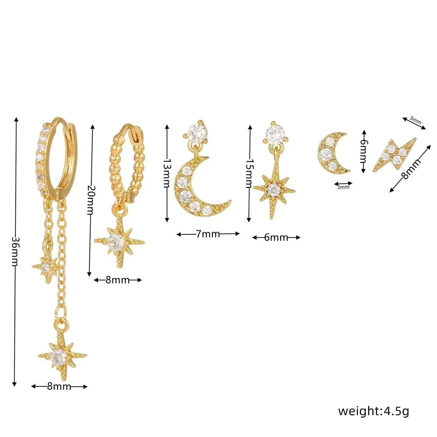 Stacking 6 Pieces Crystal Cascade Drops Earring Set, 18k Gold Hoop with Drops, S925 Needle, Stacked Lobe Designs with Dazzling Zirconia