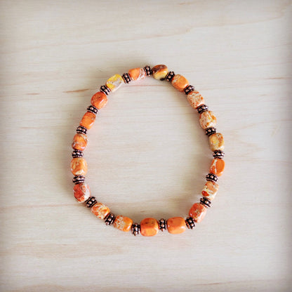 Genuine Regalite and Copper Stretch Beaded Bracelet Orange 812i