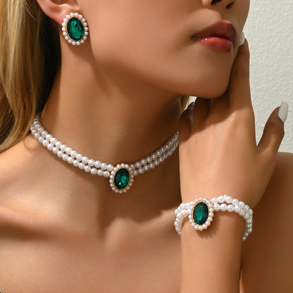 American Fashion Office Style Women 3Pcs Jewelry Set, Niche Bracelet Earrings & Clavicle Chain Inlaid Synthetic Emerald CZ And Faux Pearls, Elegant Daily Matching Accessories