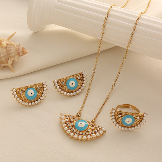 Turkish Evil Eye Necklace, Earrings And Ring Set