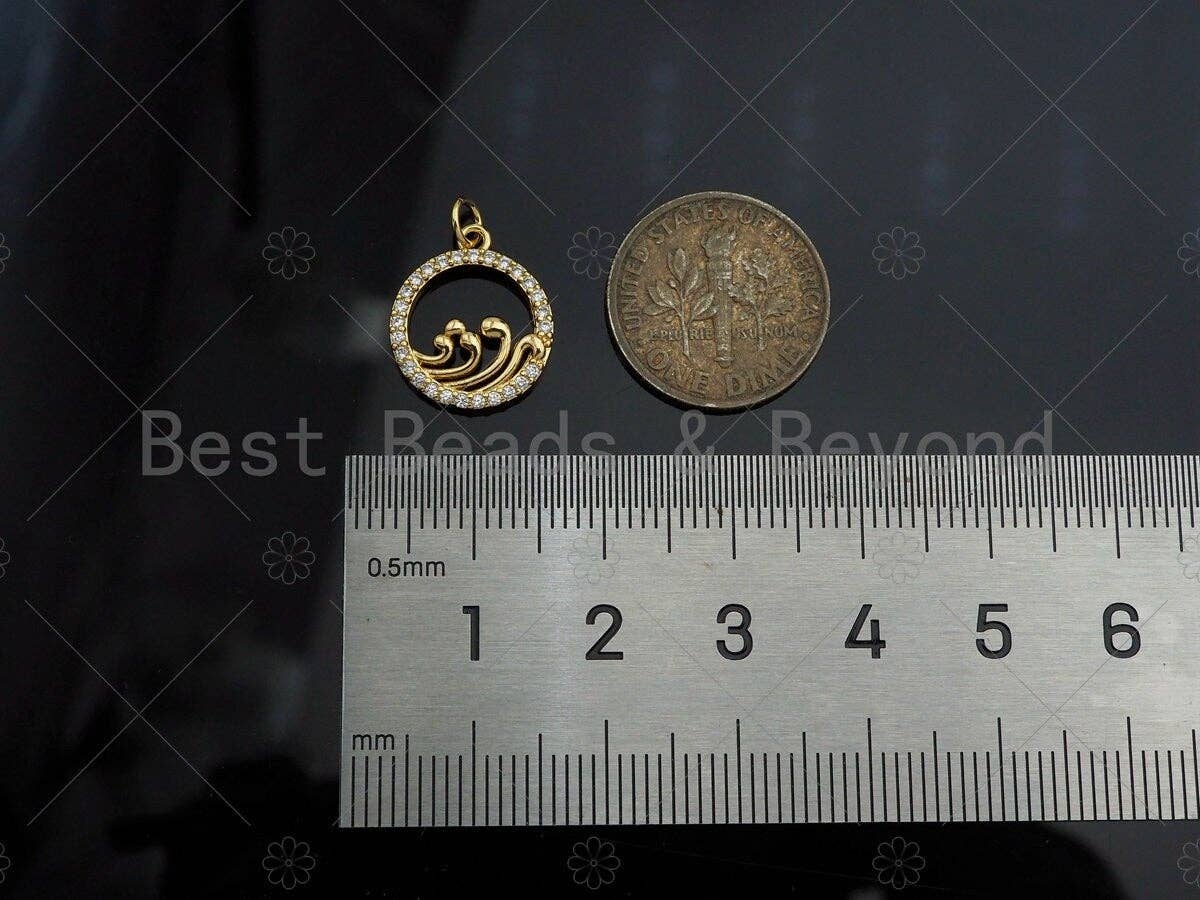 CZ Micro Pave Spindrift On Round Ring Pendant/Charm,Cubic Zirconia Water Wave Charm, Necklace Bracelet Charm Pendant,13x14mm, Sku#Y397