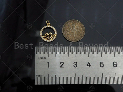 CZ Micro Pave Spindrift On Round Ring Pendant/Charm,Cubic Zirconia Water Wave Charm, Necklace Bracelet Charm Pendant,13x14mm, Sku#Y397