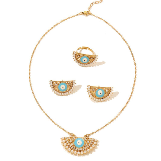 Turkish Evil Eye Necklace, Earrings And Ring Set