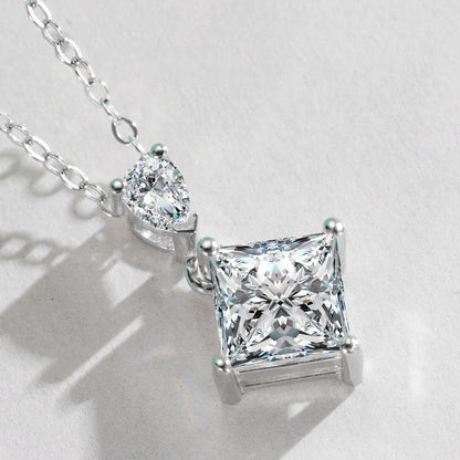 S925 Sterling Silver Princess & Pear Cut Two-Stone Necklace, 1ct D-VVS1 Moissanite Pendant, Platinum Plated 40&45cm Chain, GRA Certified Women's Jewelry Gift Box