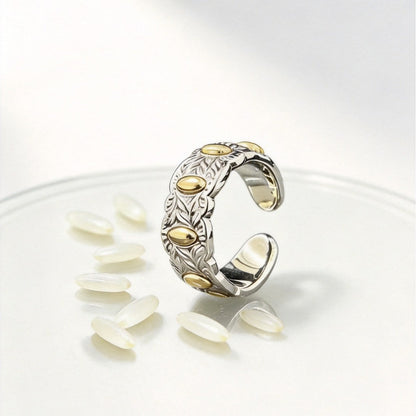 Brass Seven-Grain Rice Ring, Vintage Handcrafted Light Luxury Open Adjustable Band