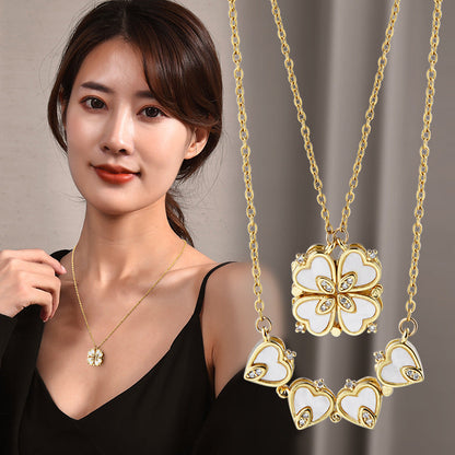 Magnetic Convertible Four Leaf Clover Necklace For Women, 4 Connected Heart Zircon Pendant Adjustable Sweater Chain, Dainty Elegant Fashion Jewelry