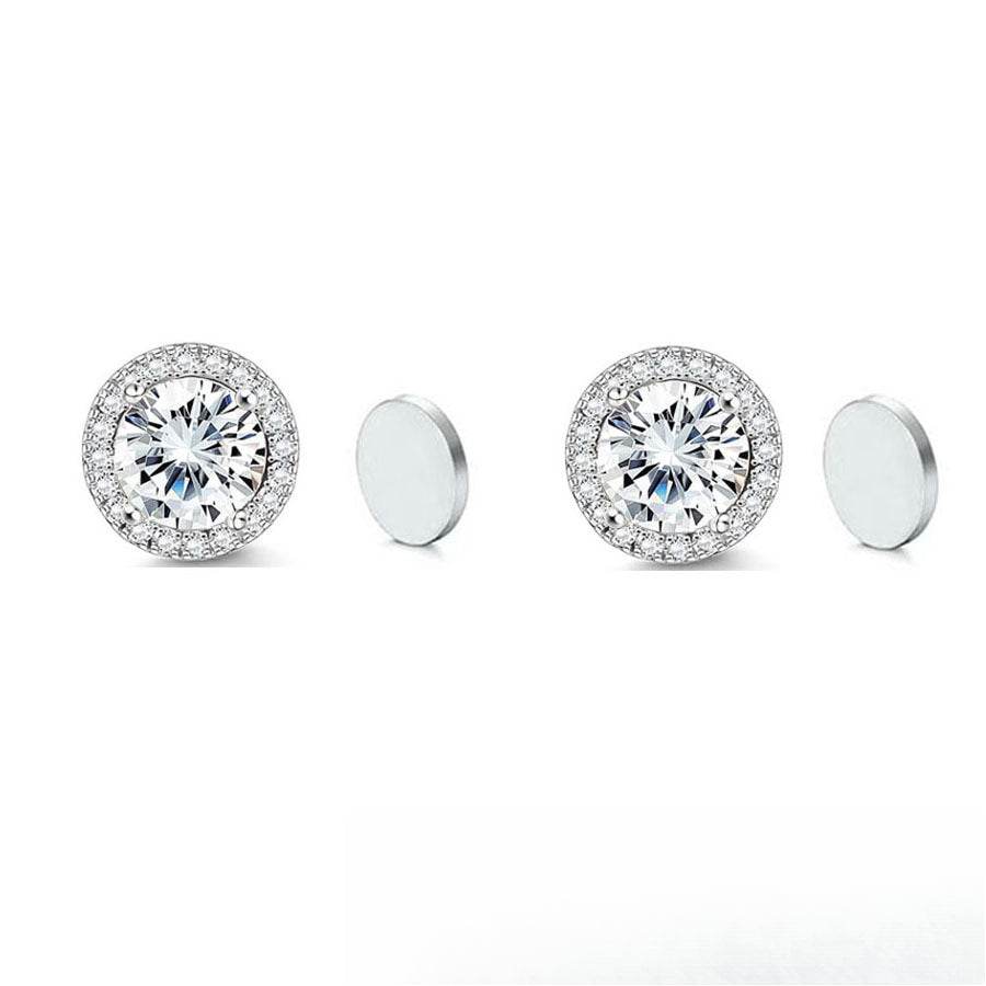 Stainless Steel Magnetic CZ Round Halo Stud Earrings for Men Women, Round Cubic Zirconia Inlaid Magnetic Earrings Non-Piercing Clip On Stud Earring