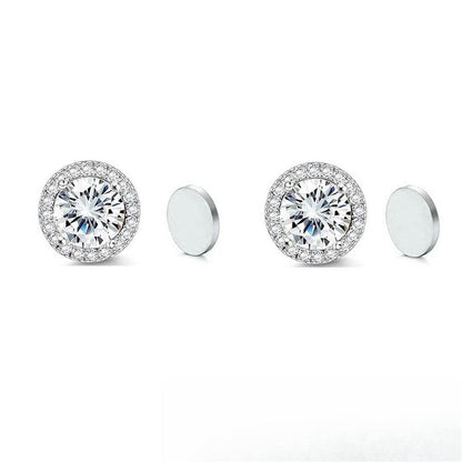 Stainless Steel Magnetic CZ Round Halo Stud Earrings for Men Women, Round Cubic Zirconia Inlaid Magnetic Earrings Non-Piercing Clip On Stud Earring