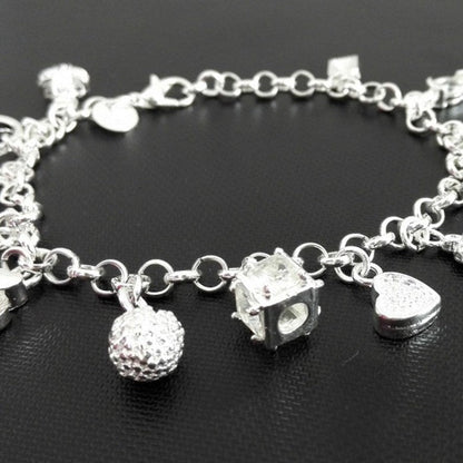 Y2K Multi Mixed Charms Chain Bracelet For Women, Silver Tone Clear Tone Simulated Zirconia Cross Moon Star Heart Key Lock Dangle Hand Jewelry Daily Casual Accessories
