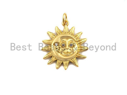 CZ Micro Pave Matte Finish Round With Moon And Sun Pendant/Charm, Indian Pattern Cubic Zirconia Pendant, Silver/Gold Tone,20x22mm,Sku#Y207