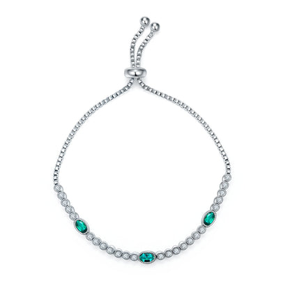S925 Sterling Silver Adjustable Slider Bracelet, 5x3mm 3-Stone Lab-Grown Emerald Box Chain, Platinum Plated 6.5g Fine Jewelry Gift Box